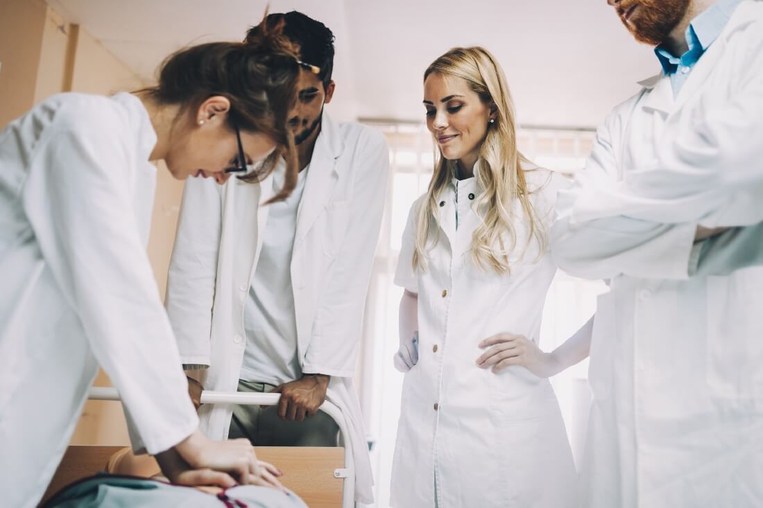 Teaching represents a great next step for RNs looking to transition away from bedside care. Nurse Teacher with Students Instructing How to Resuscitate
