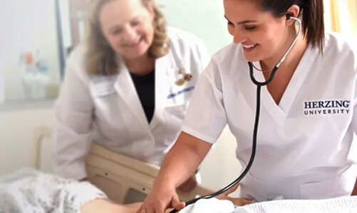 LPN to ADN Nursing Student with Teacher Using a Stethoscope