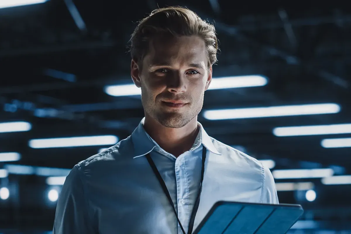 IT worker wearing blue collared shirt in server room smiling while holding tablet