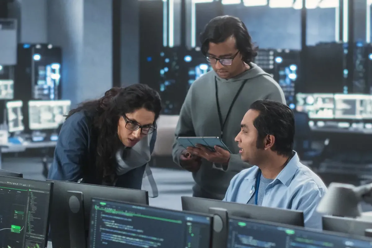 Three cybersecurity team members meeting at desk about information security issues