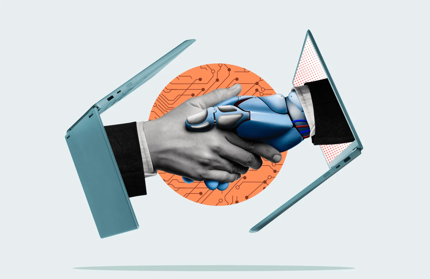 Handshake of man and robot. Modern technologies. Art collage.