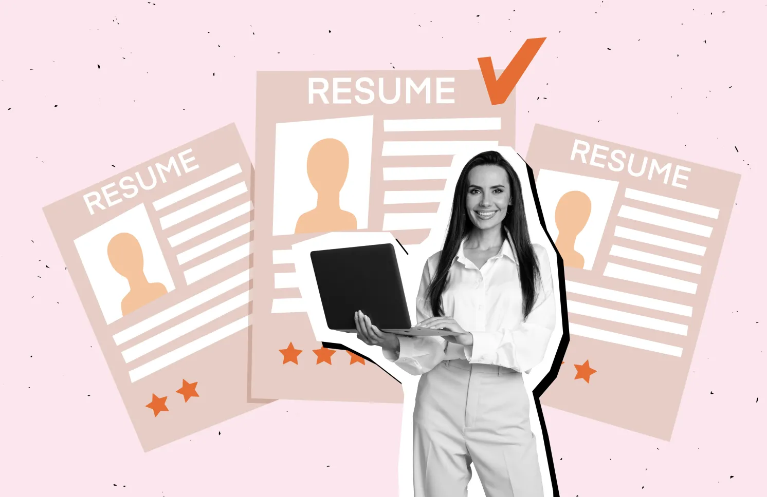 Creative collage picture young employee manager recruiter select candidate resume cv check tick success laptop profile application.