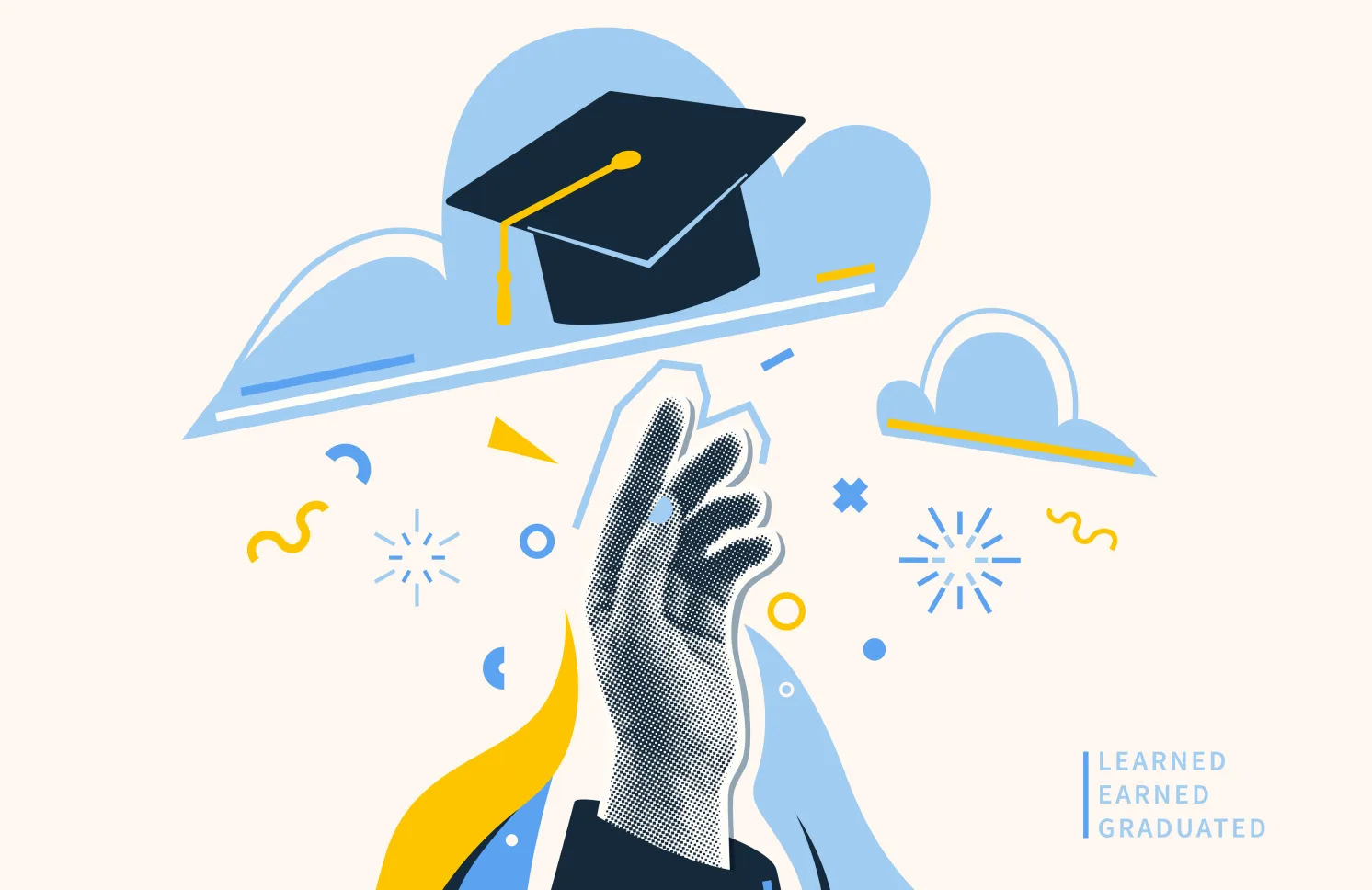 Graduate vector illustration background. Halftone effect student hand, cap in sky. Education graduation congratulation banner.