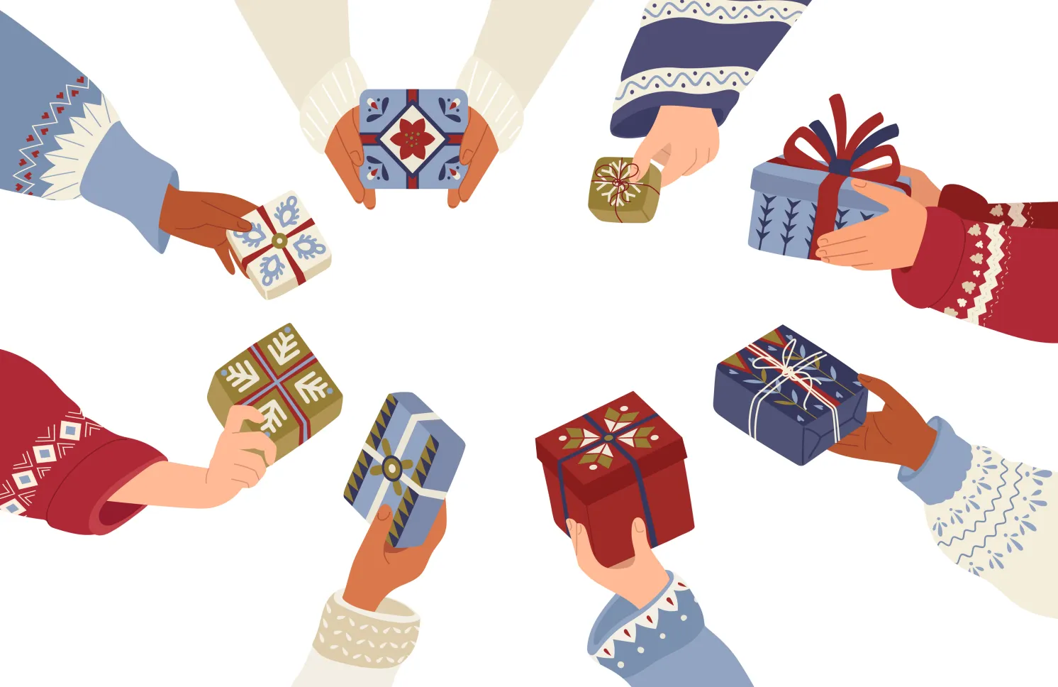 Hands exchanging Christmas gifts in folk art. Festive gift design for Christmas and New Year. Hands with present in patterned sweaters. Winter vector illustration for holiday design in Scandinavian style