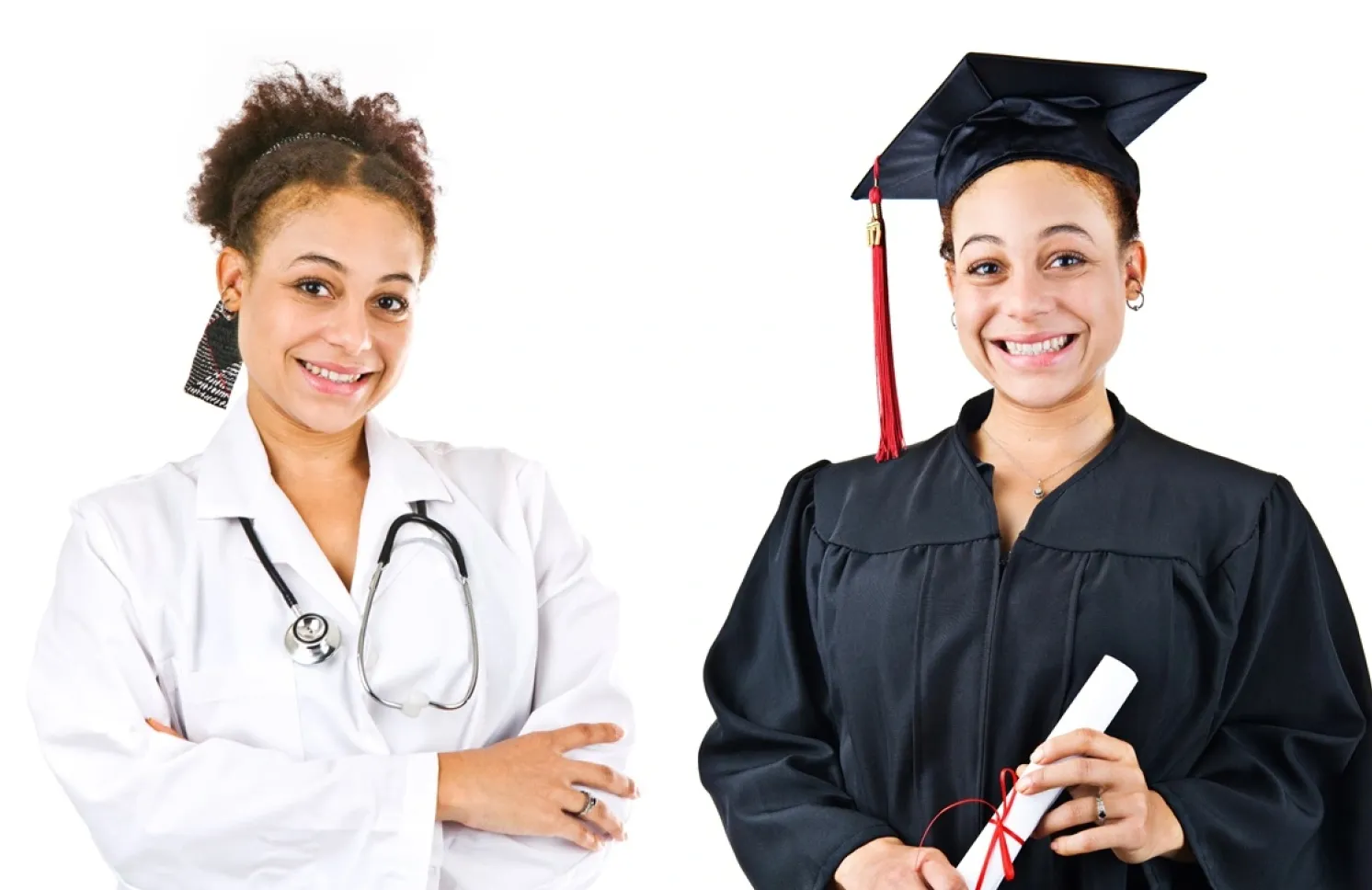 A nursing student smiles while holding her degree in her hand after graduating. 