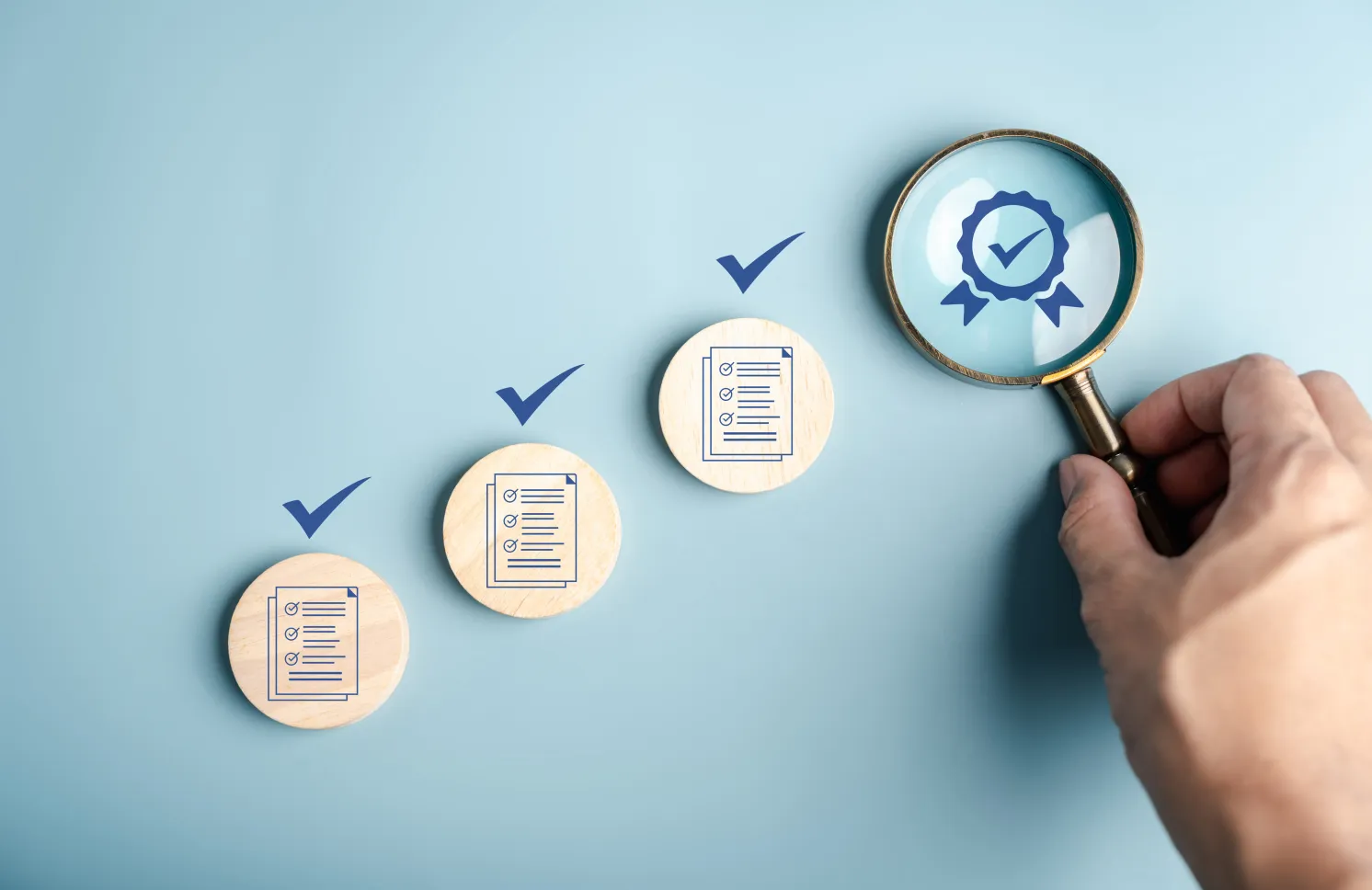 Certificate approval process with document checklist, magnifying focus quality assurance, verification system, compliance audit, and standard validation