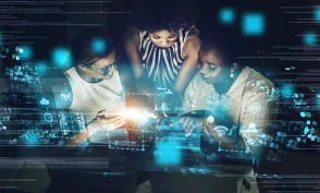 Woman, cyber security and IoT with technology for team, meeting or programming working at night with digital overlay. Group of female employee developers code, app or big data in futuristic network