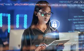 Lock hologram, tablet and woman with data analysis safety, software overlay and cyber security coding at night. Html, script and indian person reading with digital technology and networking research