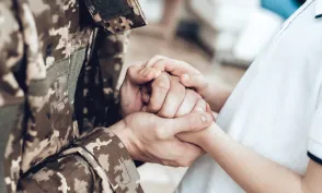 A Man Goes To Military Service. Saying Goodbye. Leaving To Army. Farewell With Family. Camouflage Uniform. Son Hanging. Feelings Showing. Guard Of Peace. Patriotic Decision. Soldier Emotion.