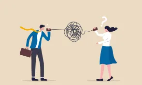 Bad communication, misunderstanding create confusion in work, miscommunicate unclear message and information concept, businessman talking through messy chaos, tangled phone line make other confused.