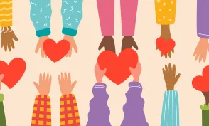 People give each other hearts. Concept of charity and donation, volunteering.