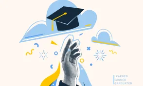 Graduate vector illustration background. Halftone effect student hand, cap in sky. Education graduation congratulation banner.