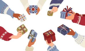 Hands exchanging Christmas gifts in folk art. Festive gift design for Christmas and New Year. Hands with present in patterned sweaters. Winter vector illustration for holiday design in Scandinavian style