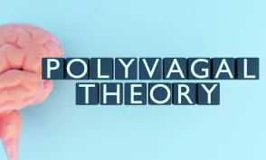 3d rendering of cubes with words "POLYVAGAL THEORY" and human brain. Polyvagal theory is a model that explains how the autonomic nervous system regulates neural activity