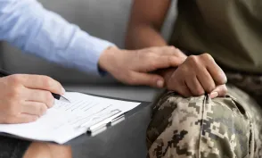 Closeup Shot Of Psychotherapist Supporting African American Soldier Woman During Therapy Session In Office, Unrecognizable Psychologist Lady Comforting Black Military Female In Uniform, Cropped