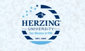 Herzing University military logo on a blue camo background