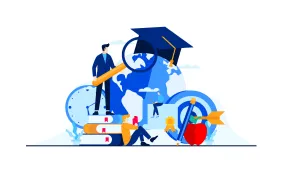 niversity management education metaphor with character mini people. university campus, target study, schedule, management study, library as window of world vector flat illustration