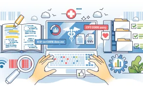 Medical coding training and healthcare billing coder studies outline hands concept. Learning CPT and ICD alphanumeric codes for clinical procedures, treatments and diagnosis vector illustration.