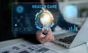 A healthcare technology concept showcases digital interfaces and metrics, emphasizing innovation in medical solutions within a professional workspace.