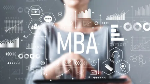 Manager pointing to clipboard of tasks with MBA text superimposed over the top