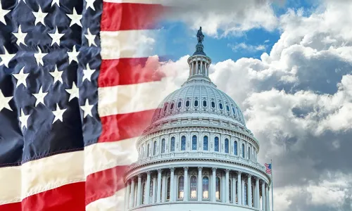 United States Capitol building with an American flag overlay, symbolizing patriotism and national service.