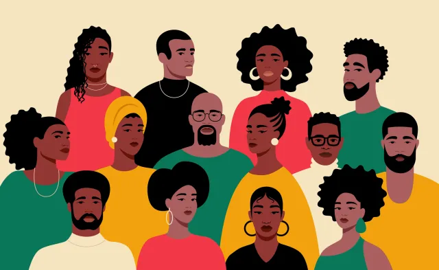 A group portrait of black people. African American men and women. Black History Month. Cartoon, flat, vector illustration
