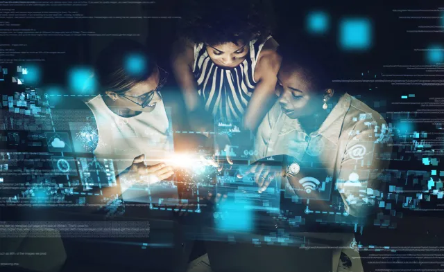 Woman, cyber security and IoT with technology for team, meeting or programming working at night with digital overlay. Group of female employee developers code, app or big data in futuristic network