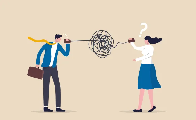 Bad communication, misunderstanding create confusion in work, miscommunicate unclear message and information concept, businessman talking through messy chaos, tangled phone line make other confused.