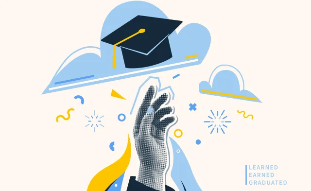 Graduate vector illustration background. Halftone effect student hand, cap in sky. Education graduation congratulation banner.