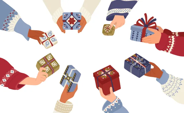 Hands exchanging Christmas gifts in folk art. Festive gift design for Christmas and New Year. Hands with present in patterned sweaters. Winter vector illustration for holiday design in Scandinavian style