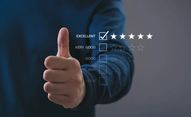 A person giving a thumbs-up beside a digital five-star rating graphic, symbolizing excellent service, positive customer feedback, quality assurance, satisfaction evaluation, and modern review concepts