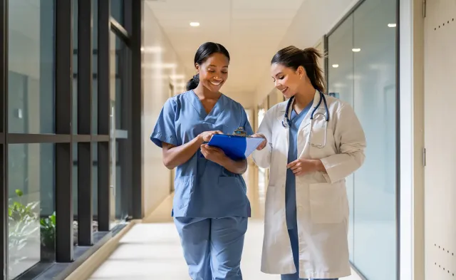 Two smiling nurses review a clipboard together while walking down a bright hospital hallway.