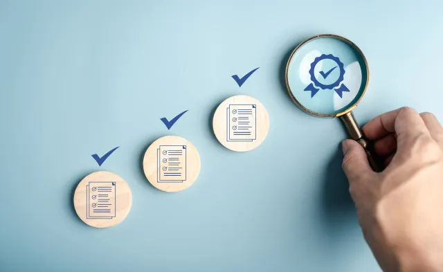 Certificate approval process with document checklist, magnifying focus quality assurance, verification system, compliance audit, and standard validation