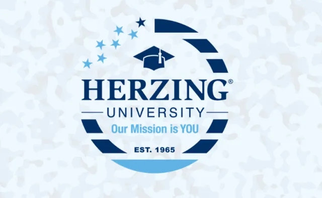 Herzing University military logo on a blue camo background