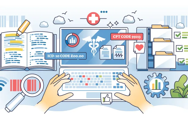 Medical coding training and healthcare billing coder studies outline hands concept. Learning CPT and ICD alphanumeric codes for clinical procedures, treatments and diagnosis vector illustration.