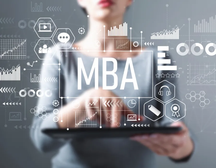 Manager pointing to clipboard of tasks with MBA text superimposed over the top