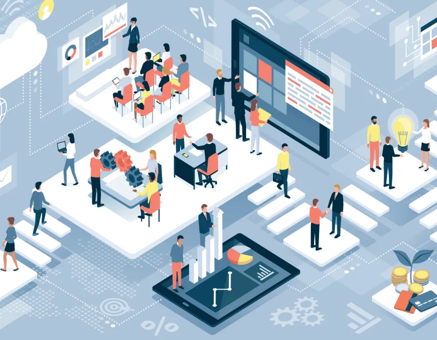 Animated representation of a busy office full of business analysts and IT managers