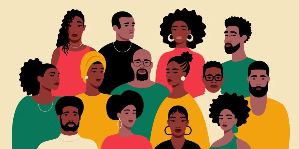 A group portrait of black people. African American men and women. Black History Month. Cartoon, flat, vector illustration