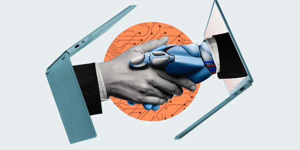 Handshake of man and robot. Modern technologies. Art collage.