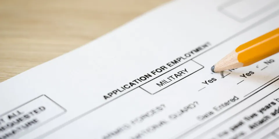 horizontal close up image of a job application for the military department
