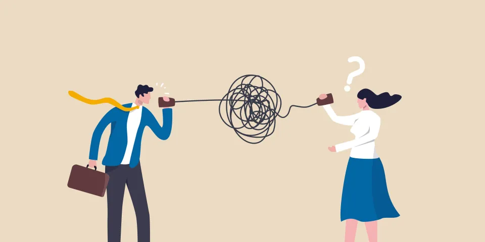 Bad communication, misunderstanding create confusion in work, miscommunicate unclear message and information concept, businessman talking through messy chaos, tangled phone line make other confused.