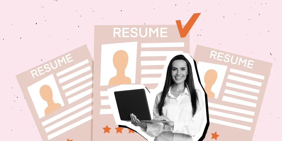 Creative collage picture young employee manager recruiter select candidate resume cv check tick success laptop profile application.