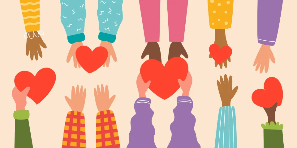 People give each other hearts. Concept of charity and donation, volunteering.