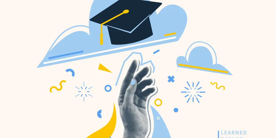 Graduate vector illustration background. Halftone effect student hand, cap in sky. Education graduation congratulation banner.
