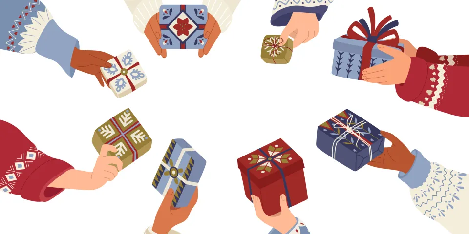 Hands exchanging Christmas gifts in folk art. Festive gift design for Christmas and New Year. Hands with present in patterned sweaters. Winter vector illustration for holiday design in Scandinavian style