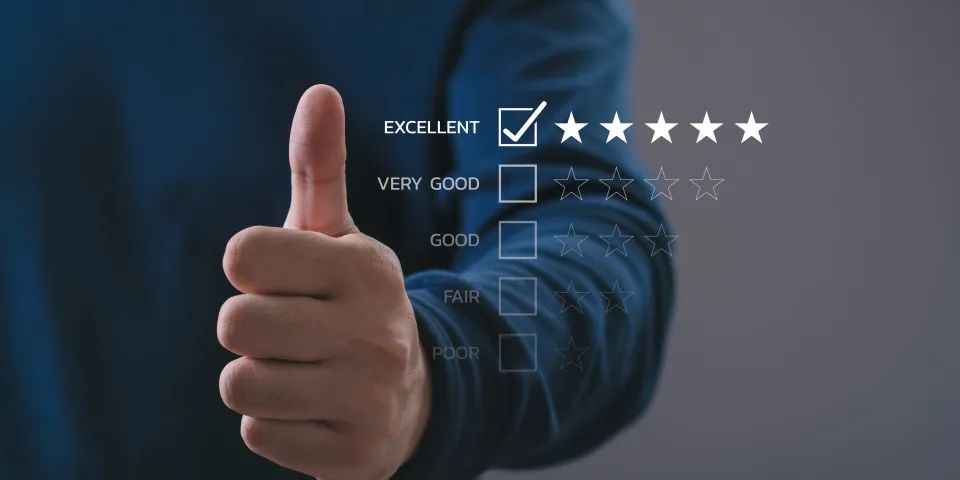 A person giving a thumbs-up beside a digital five-star rating graphic, symbolizing excellent service, positive customer feedback, quality assurance, satisfaction evaluation, and modern review concepts