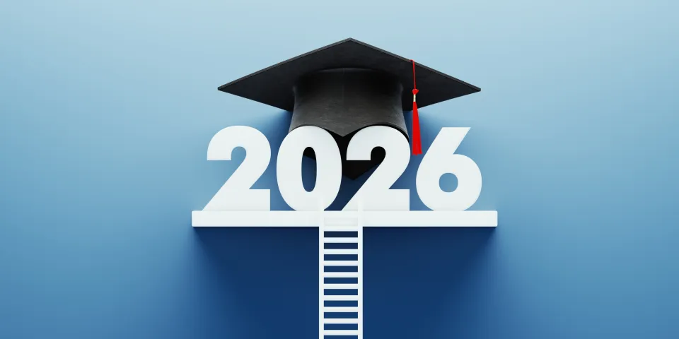 White ladder leaning onto number 2026 and black graduation cap on blue background.