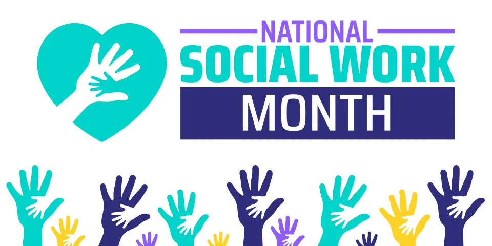 National Social Work Month background banner or poster design template with man hand. observed every year in March.