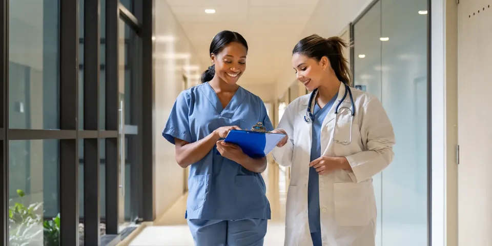 Two smiling nurses review a clipboard together while walking down a bright hospital hallway.