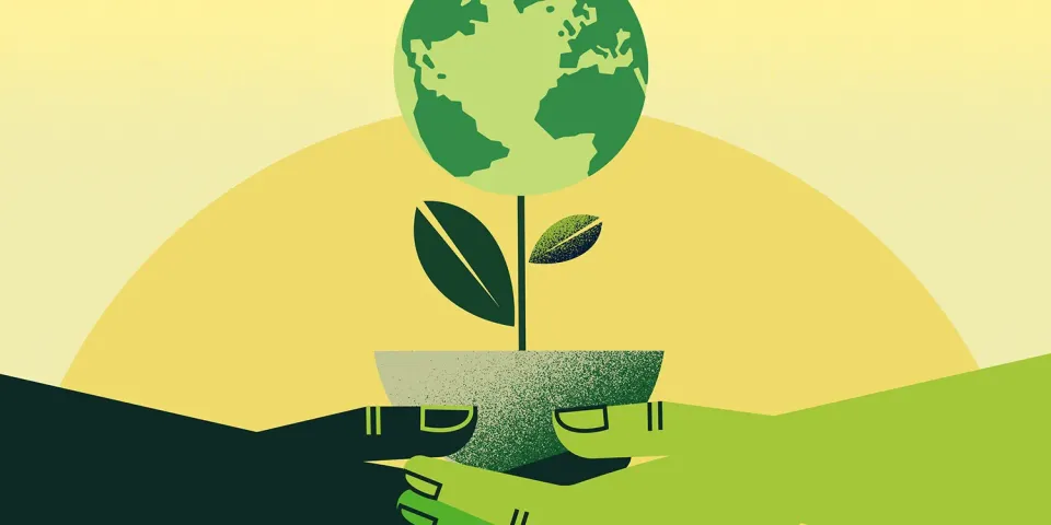Illustration of two hands holding a small potted plant shaped like the Earth, with green leaves growing from the stem against a yellow sun-like background.